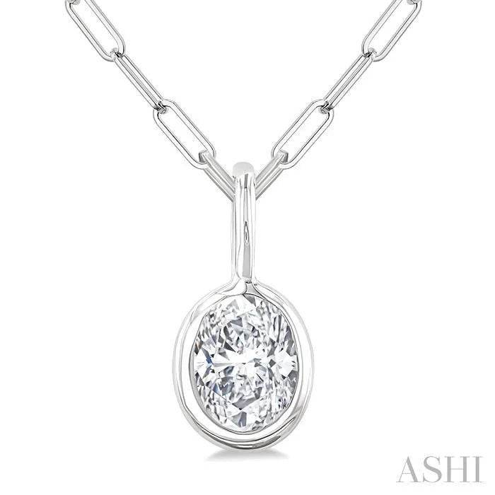 Oval Shape Bezel Set Paperclip Diamond Fashion Pendant