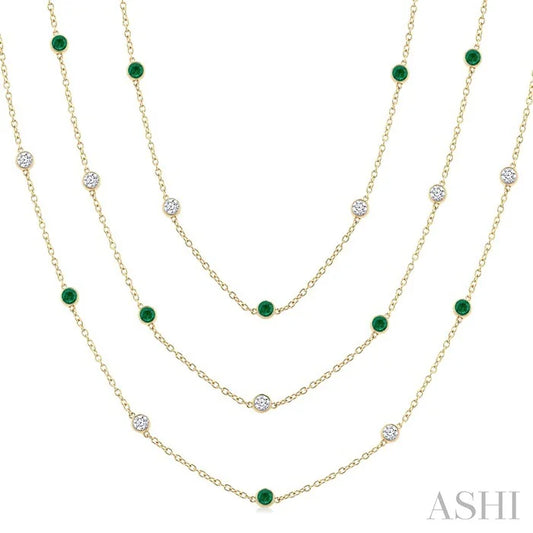 Round Shape Gemstone & Diamond Station Necklace