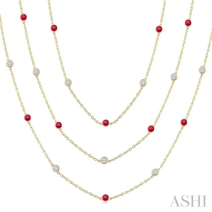 Round Shape Gemstone & Diamond Station Necklace