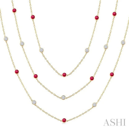 Round Shape Gemstone & Diamond Station Necklace