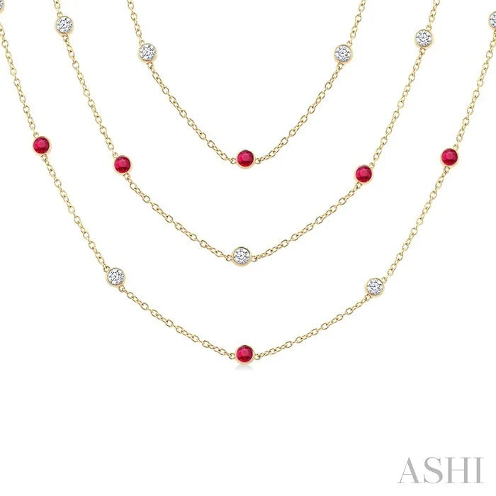 Round Shape Gemstone & Diamond Station Necklace
