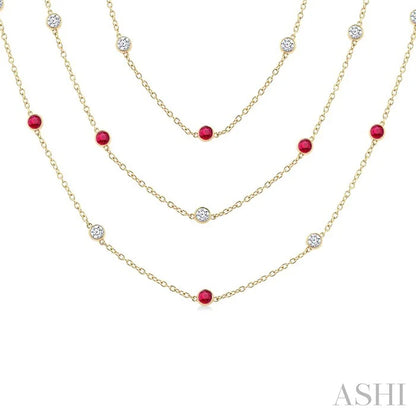 Round Shape Gemstone & Diamond Station Necklace