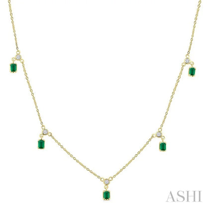 Emerald Shape Gemstone & Diamond Dangle Station Necklace