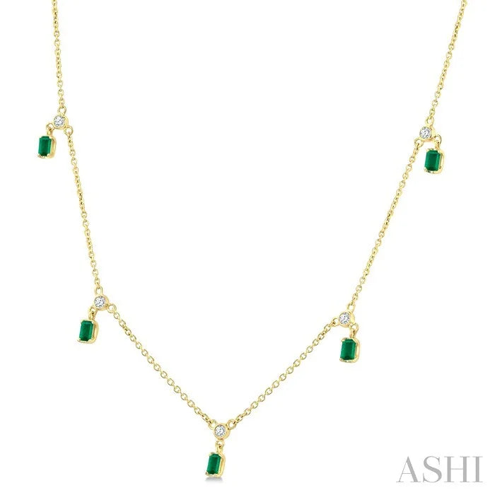 Emerald Shape Gemstone & Diamond Dangle Station Necklace
