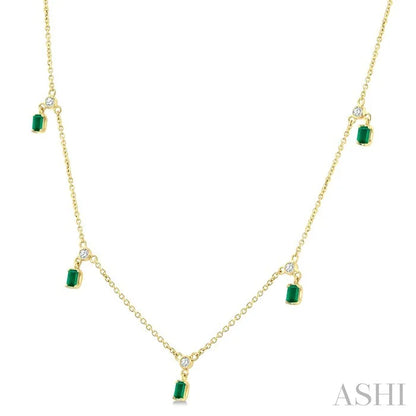 Emerald Shape Gemstone & Diamond Dangle Station Necklace