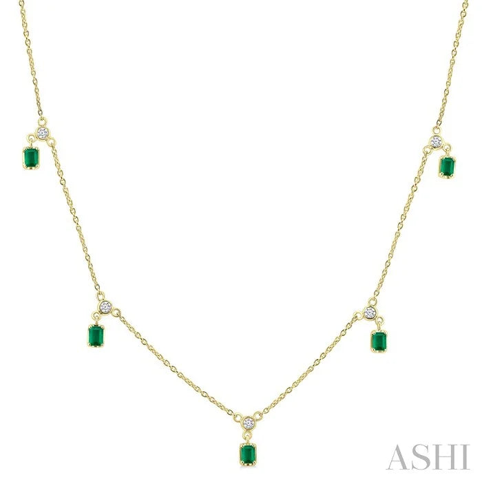 Emerald Shape Gemstone & Diamond Dangle Station Necklace