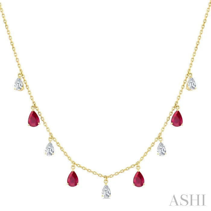 Pear Shape Gemstone & Diamond Station Necklace