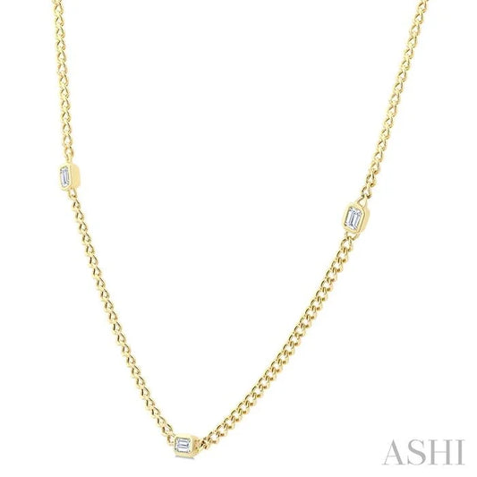 Emerald Shape Bezel Curb & Cuban Station Diamond Necklace
