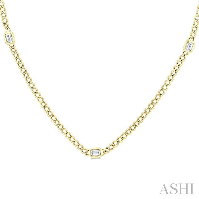 Emerald Shape Bezel Curb & Cuban Station Diamond Necklace