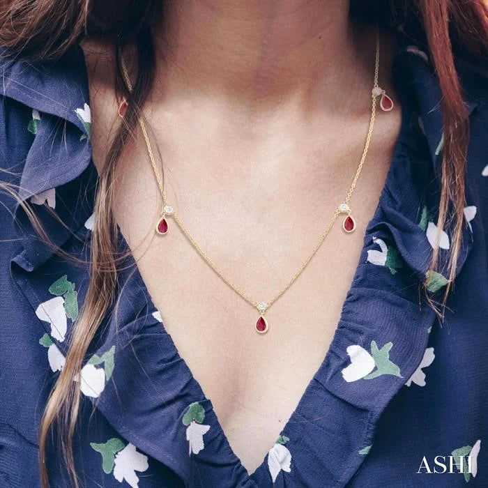 Pear Shape Gemstone & Diamond Station Necklace