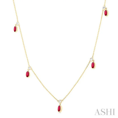 Oval Shape Gemstone & Diamond Station Necklace