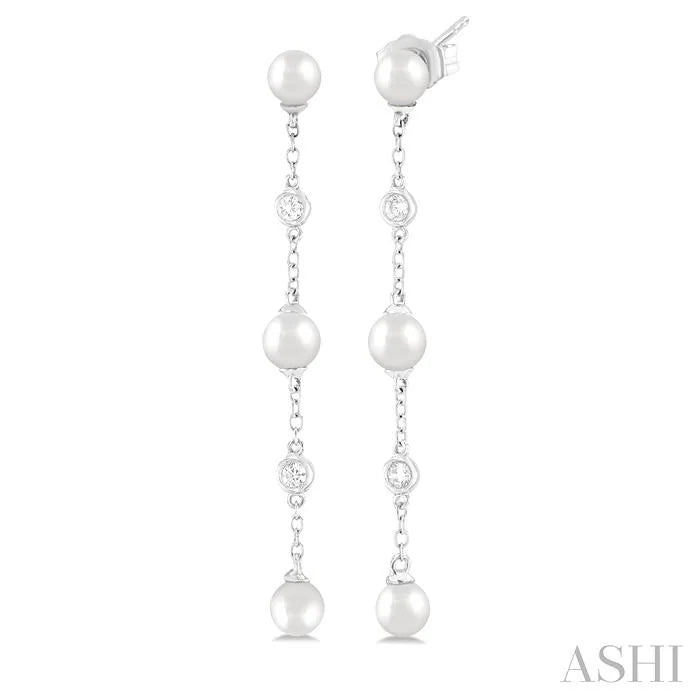 Pearl & Diamond Station Long Chain Earrings
