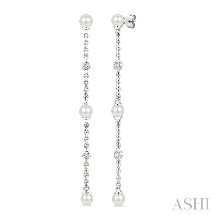 Pearl & Diamond Station Long Chain Earrings