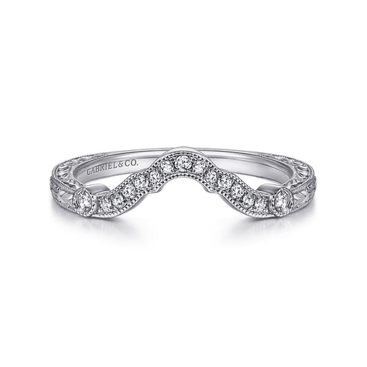 Vintage Inspired 14K White Gold Curved Diamond Wedding Band