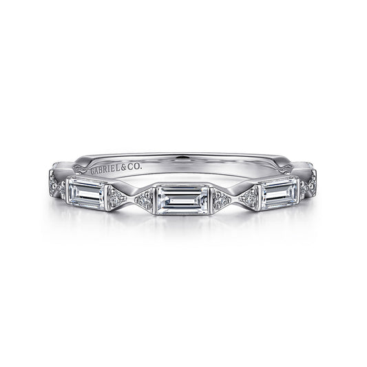 14K White Gold Channel Set Baguette and Round Diamond Anniversary Band