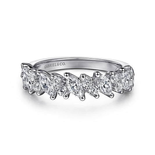 14K White Gold Prongs Marquise and Round Diamond Anniversary Band