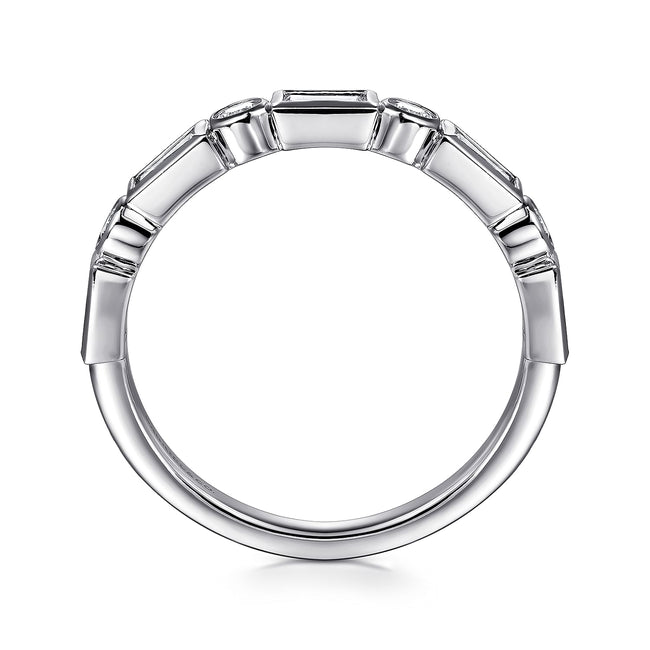 14K White Gold Bezel Set Baguette and Round Diamond Anniversary Band