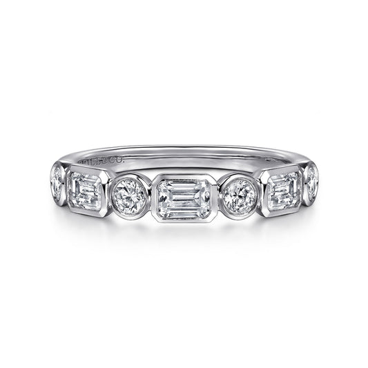 14K White Gold Bezel Set Emerald Cut and Round Diamond Anniversary Band