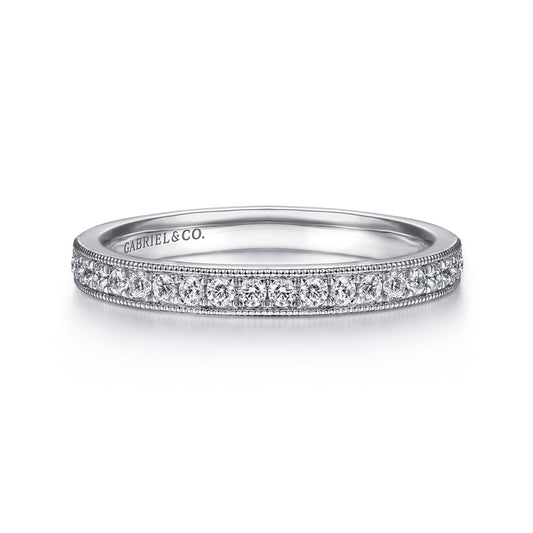 14K White Gold Micro Pavé Channel Diamond Wedding Band with Milgrain