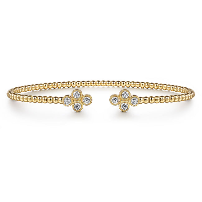 14K Yellow Gold Bujukan Bead Split Cuff Bracelet with Quatrefoil Diamond Endcaps