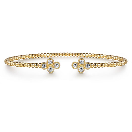 14K Yellow Gold Bujukan Bead Split Cuff Bracelet with Quatrefoil Diamond Endcaps