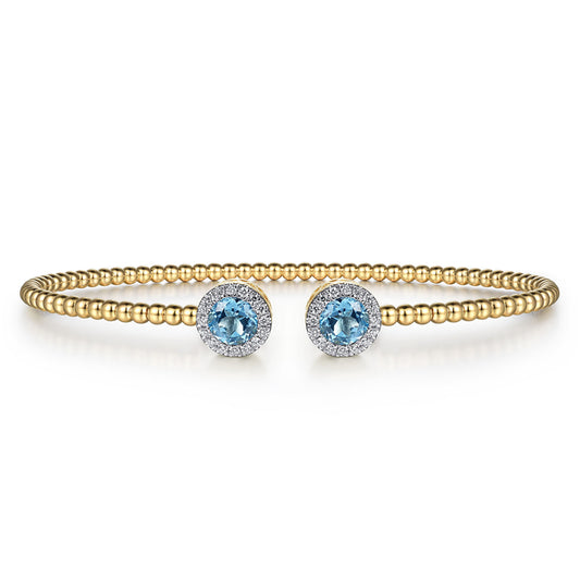 14K Yellow Gold Bujukan Diamond Halo and Blue Topaz Bangle
