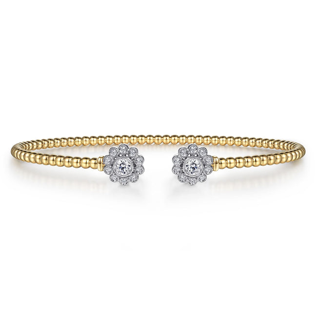 14K White&Yellow Gold Bujukan Split Cuff Bracelet with Diamond Flowers