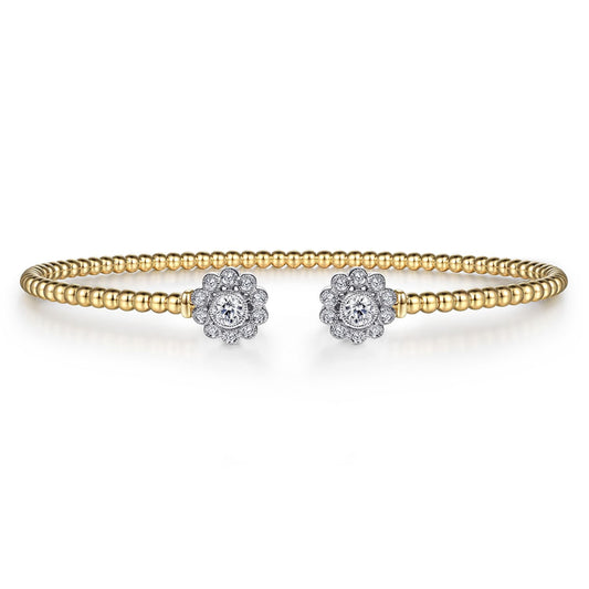 14K White&Yellow Gold Bujukan Split Cuff Bracelet with Diamond Flowers