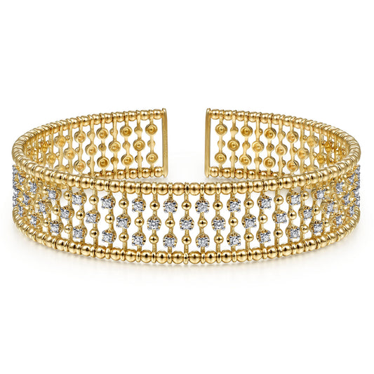 14K Yellow Gold Wide Diamond Cage Cuff Bracelet