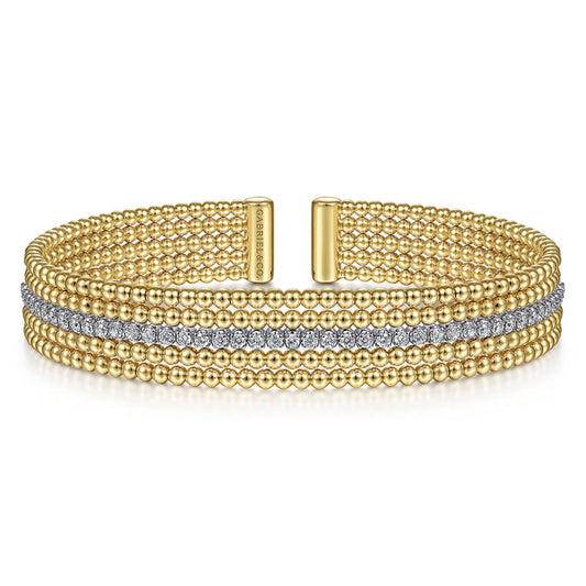 Wide 14K White-Yellow Gold Bujukan Diamond Cuff Bangle