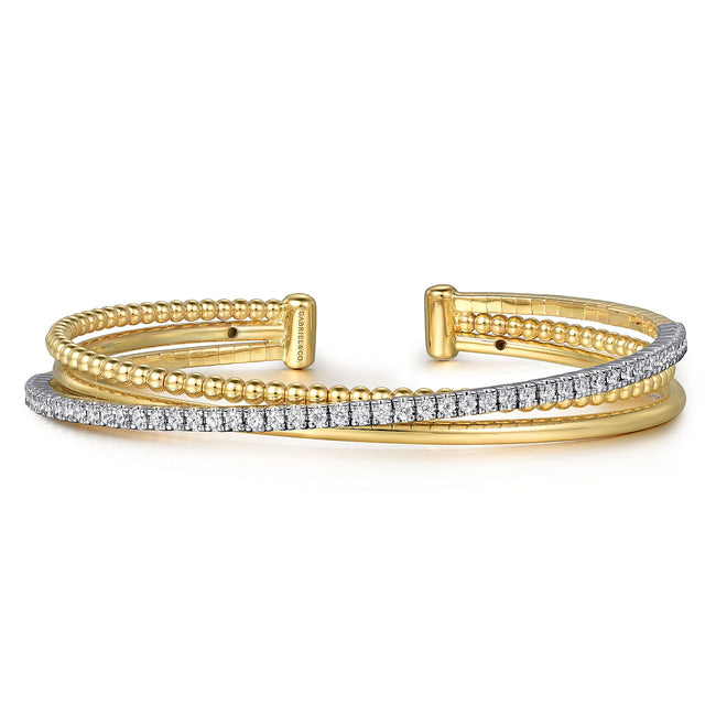 14K White and Yellow Gold Diamond Bujukan Criss Cross Bangle