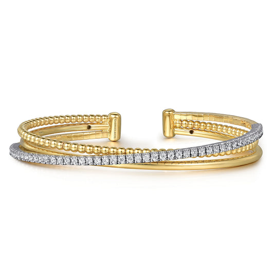 14K White and Yellow Gold Diamond Bujukan Criss Cross Bangle
