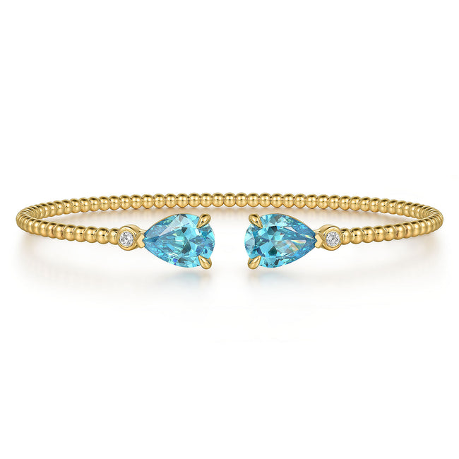 14K Yellow Gold Diamond and Pear Shape Blue Topaz Bujukan Bangle