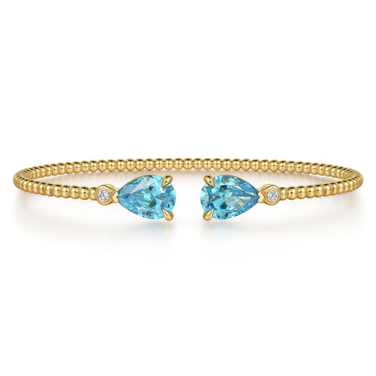14K Yellow Gold Diamond and Pear Shape Blue Topaz Bujukan Bangle