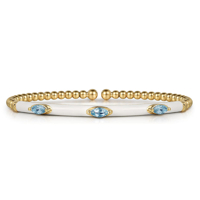 14K Yellow Gold Bujukan Blue Topaz Split Bangle with White Enamel