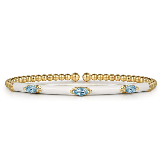 14K Yellow Gold Bujukan Blue Topaz Split Bangle with White Enamel