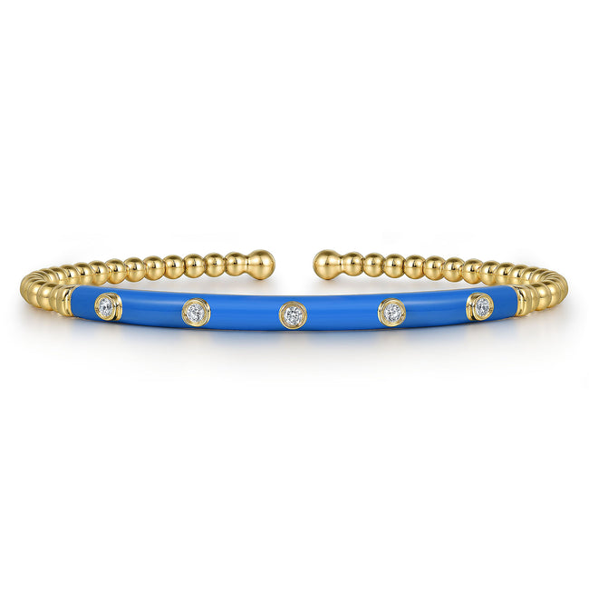 14K Yellow Gold Bujukan Beads and Diamond Split Bangle with Blue Enamel