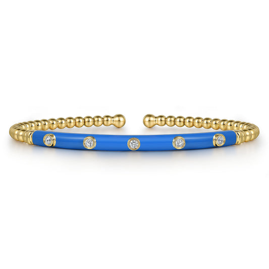 14K Yellow Gold Bujukan Beads and Diamond Split Bangle with Blue Enamel