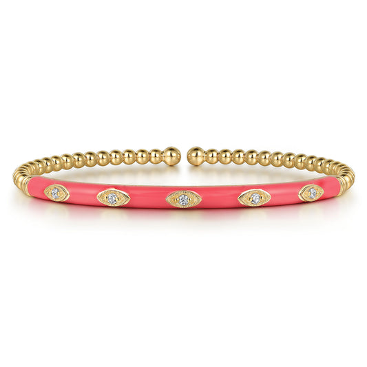 14K Yellow Gold Bujukan Beads and Diamond Split Bangle with Fuchsia Enamel