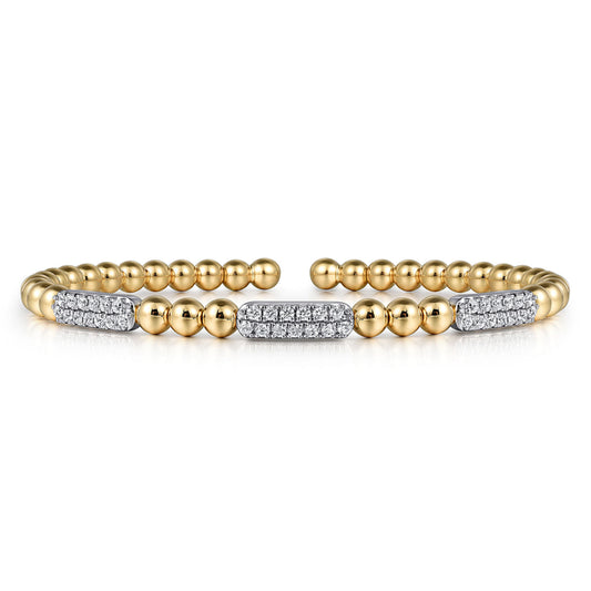 14K White and Yellow Gold Diamond Pavé Three Station Bar Bujukan Beads Split Bangle Bracelet