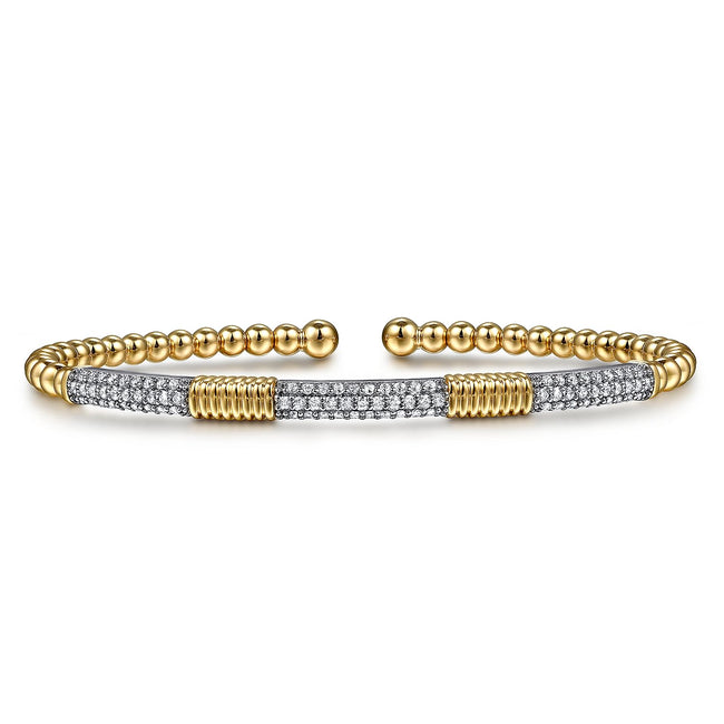 14K White &Yellow Gold Bujukan Beads and Diamond Station Split Bangle Bracelet