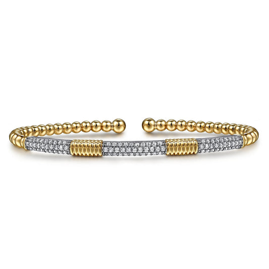 14K White &Yellow Gold Bujukan Beads and Diamond Station Split Bangle Bracelet