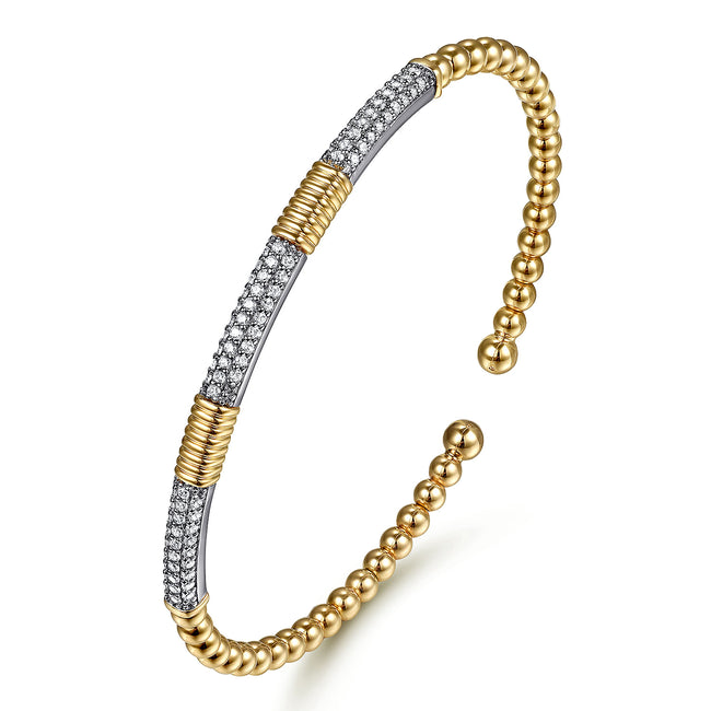 14K White &Yellow Gold Bujukan Beads and Diamond Station Split Bangle Bracelet