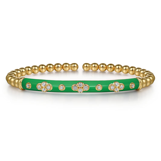 14K Yellow Gold Bujukan Beads and Diamond Split Bangle Bracelet with Emerald Green Enamel