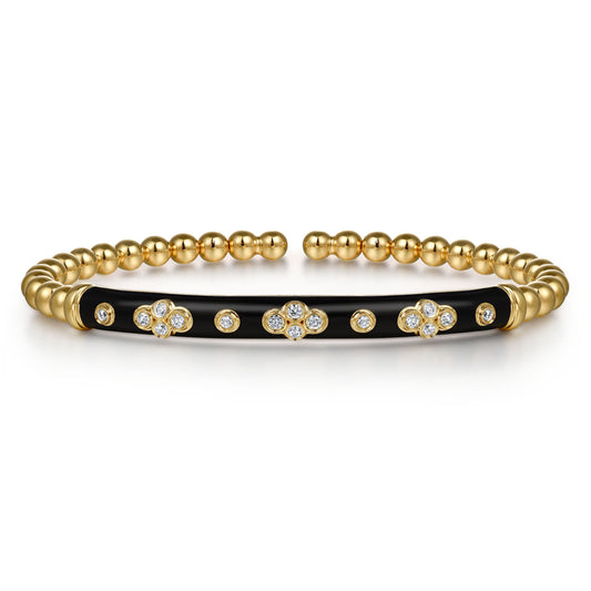14K Yellow Gold Bujukan Beads and Diamond Split Bangle Bracelet with Black Enamel