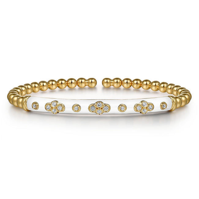 14K Yellow Gold Bujukan Beads and Diamond Split Bangle Bracelet with White Enamel