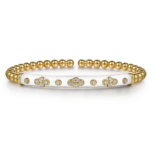 14K Yellow Gold Bujukan Beads and Diamond Split Bangle Bracelet with White Enamel
