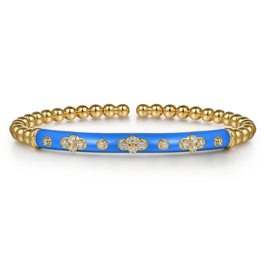 14K Yellow Gold Bujukan Beads and Diamond Split Bangle Bracelet with Blue Enamel