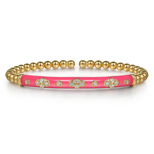 14K Yellow Gold Bujukan Beads and Diamond Split Bangle Bracelet with Fuchsia Enamel