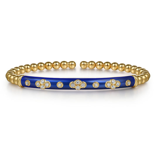 14K Yellow Gold Bujukan Beads and Diamond Split Bangle Bracelet with Chrome Blue Enamel
